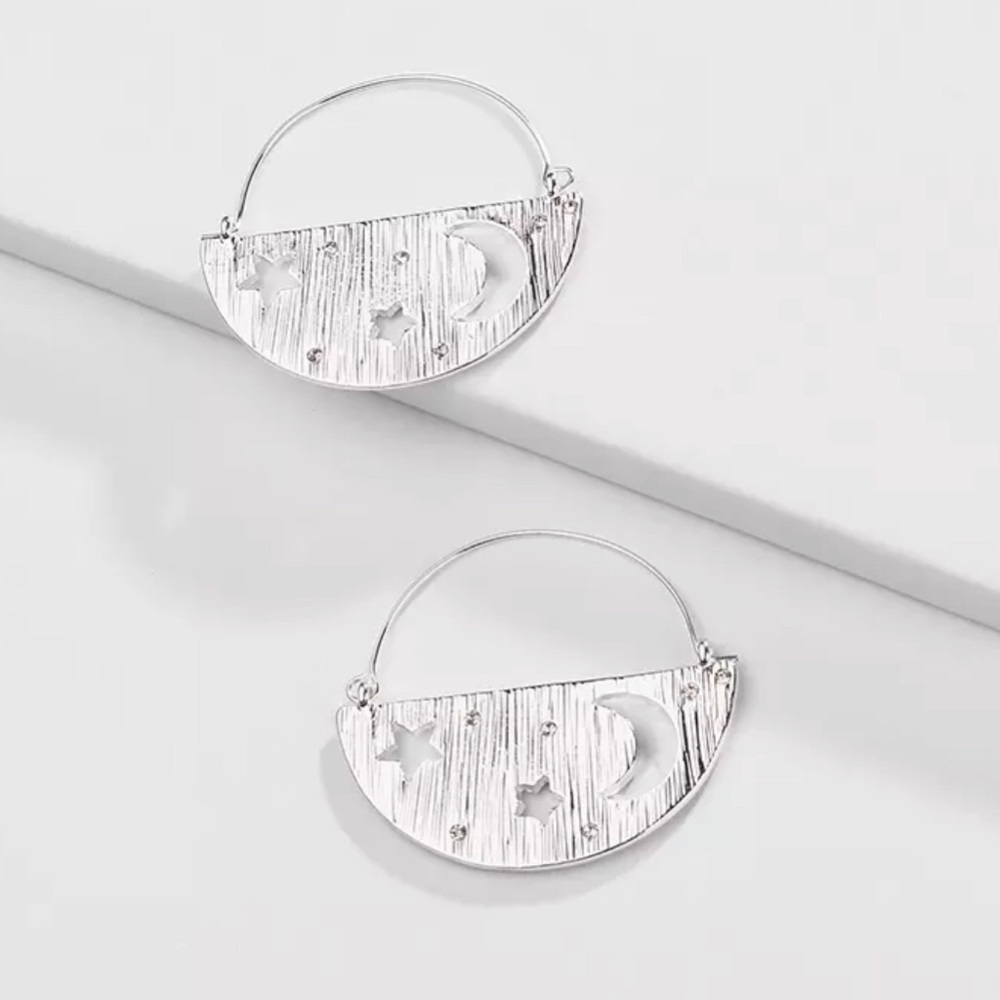 BOGO SALE Moon Star Silver Hoop Earrings - Picture 2 of 3